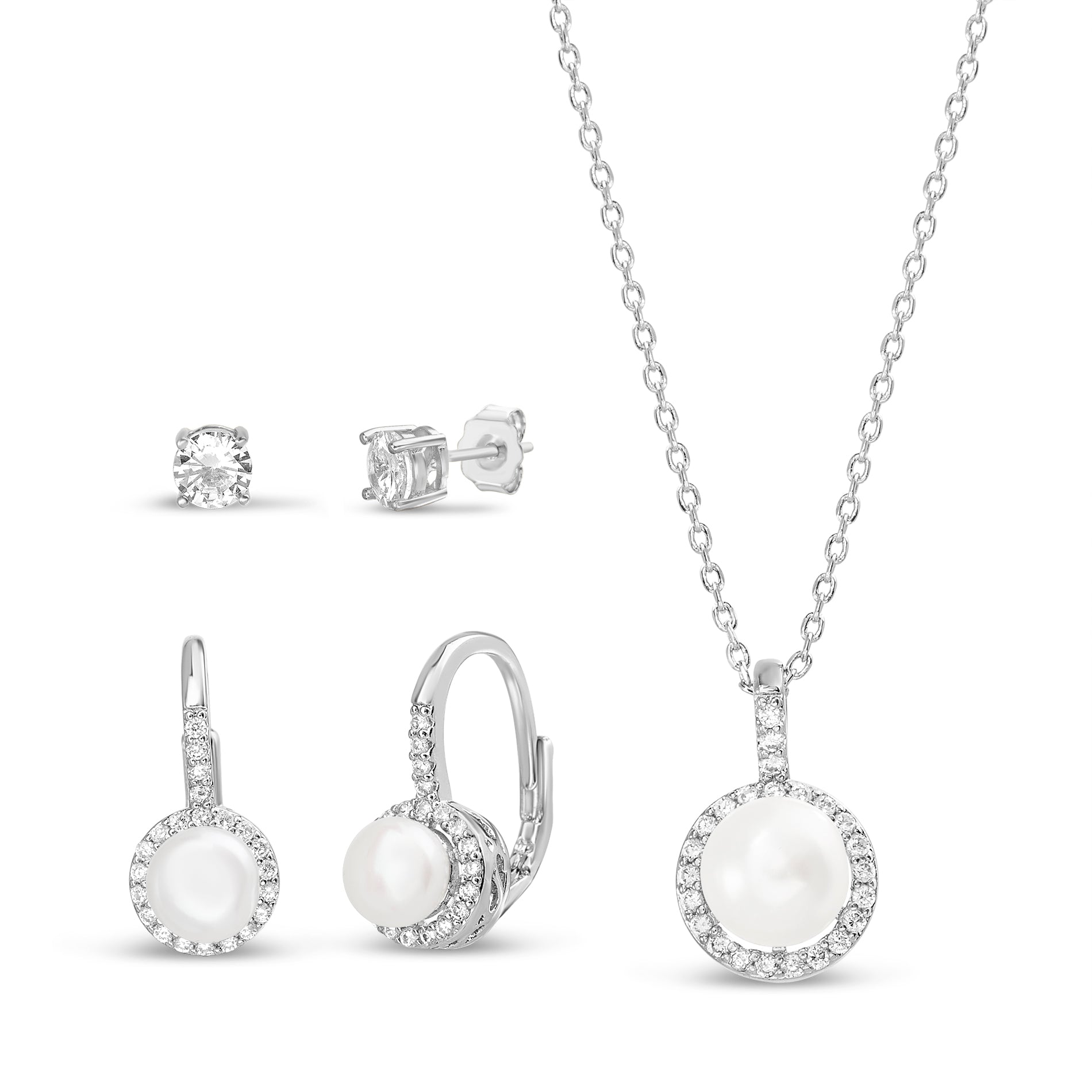 Brass 6mm CZ Round Stud & Pearl with CZ Halo Leverback Earring & Pearl Halo Necklace Set
