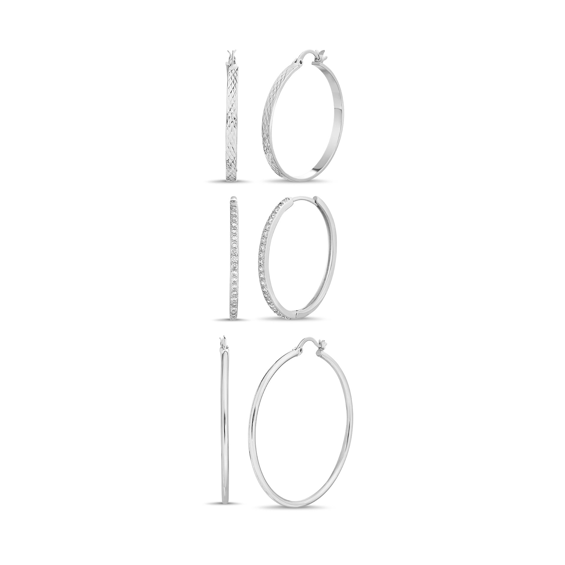 Rhodium-Plated Brass 3-Pair Classic Hoop Earring Set