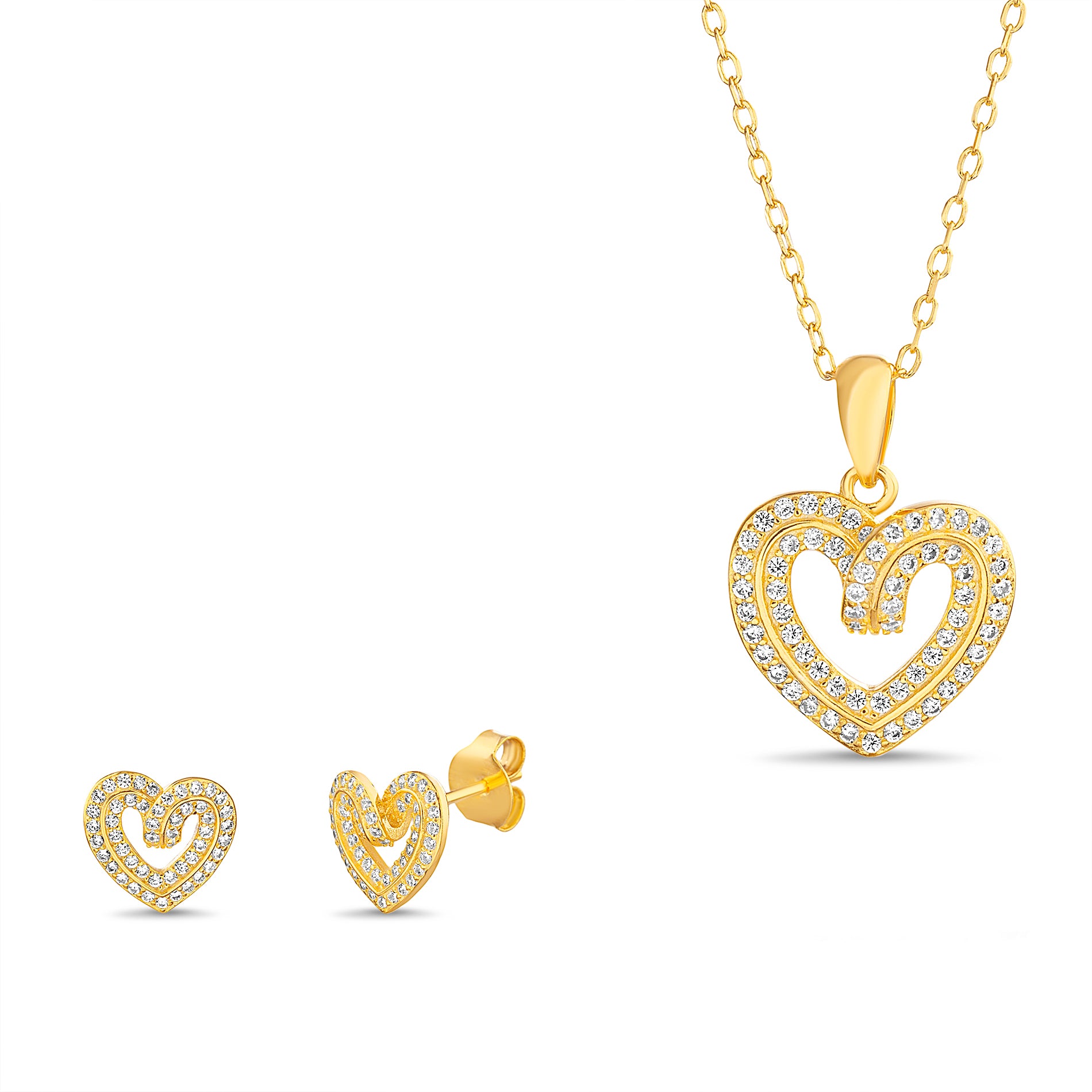 Brass Yellow Gold Clear Cz Heart Matching Earring and Necklace Set